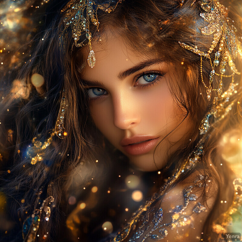 A woman with blue eyes and long brown hair, adorned with gold jewelry and sparkles, gazing towards the left side of the frame.