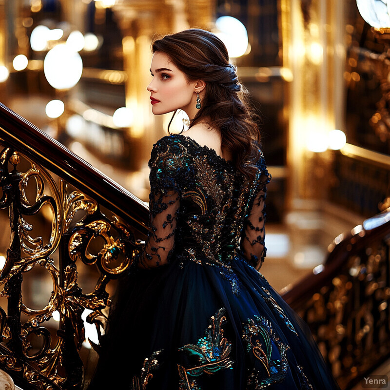 A woman stands on an ornate staircase, exuding elegance and poise in her dark-colored gown with intricate lace details.