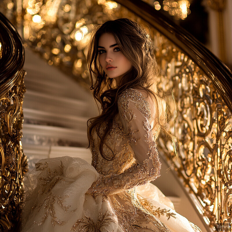 A young woman poses on a grand staircase in a gold and white gown, surrounded by opulent decorations.