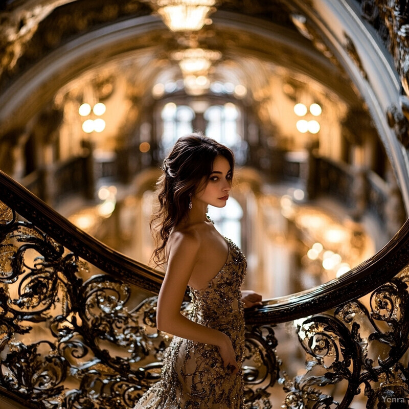 An elegant woman stands on a grand staircase in an opulent setting.