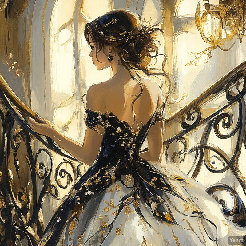 A woman stands on an ornate staircase, exuding elegance and poise.