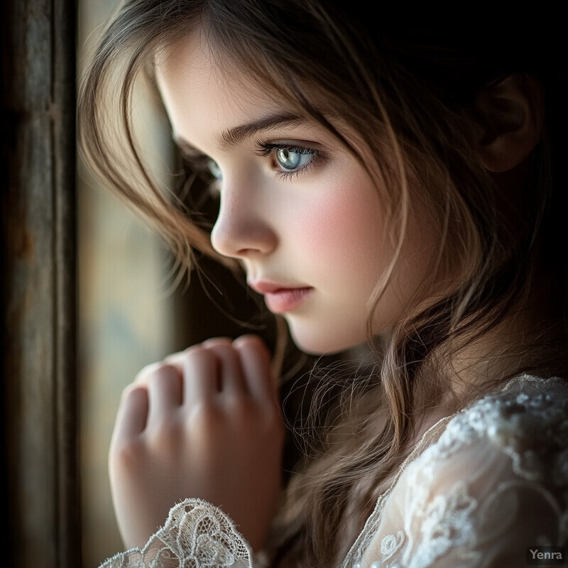 Portrait of a young girl with striking blue eyes and long brown hair