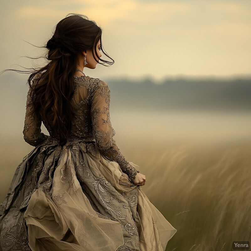 A woman stands in a field of wheat, wearing a long blue dress with intricate embroidery.