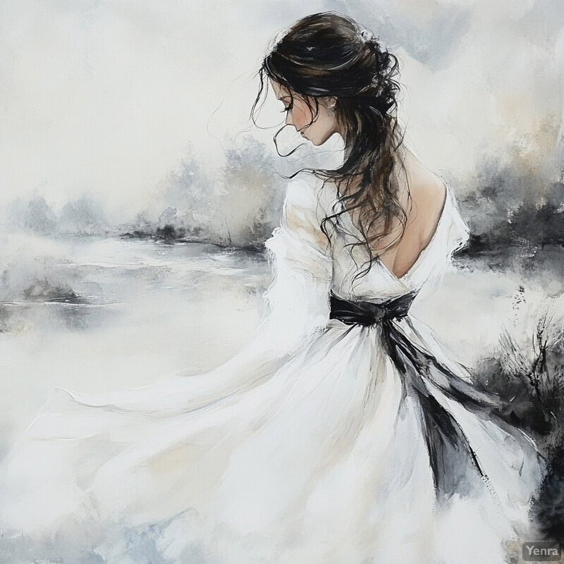 A serene scene featuring a woman in a white dress standing by a riverbank.