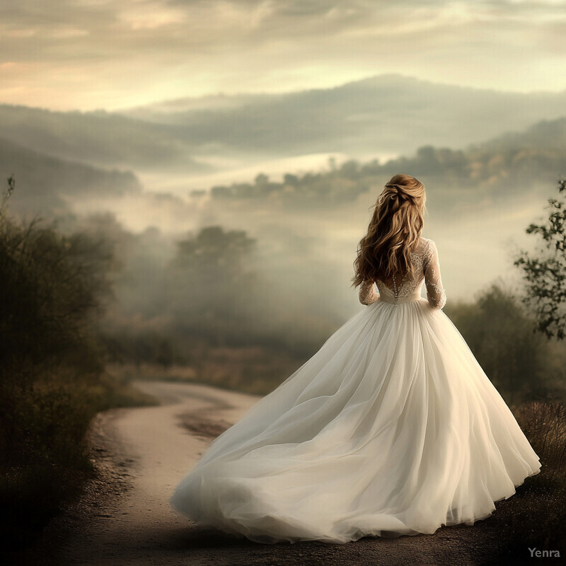 A woman in a wedding dress walks down a dirt road amidst a misty landscape