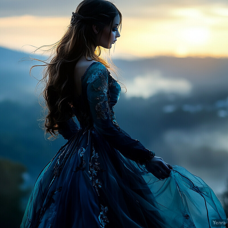 A serene image of a woman standing in front of a blurred background, possibly a mountain range or forest, dressed in a blue dress and holding a basket of flowers.