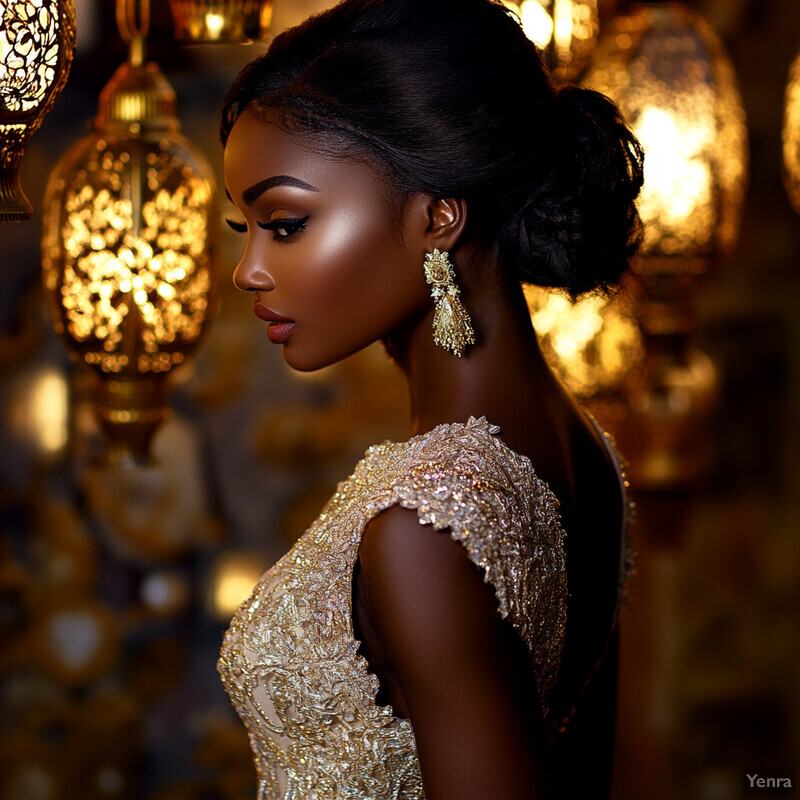 A woman in an elegant gold dress with dark skin, posing in a softly lit room.