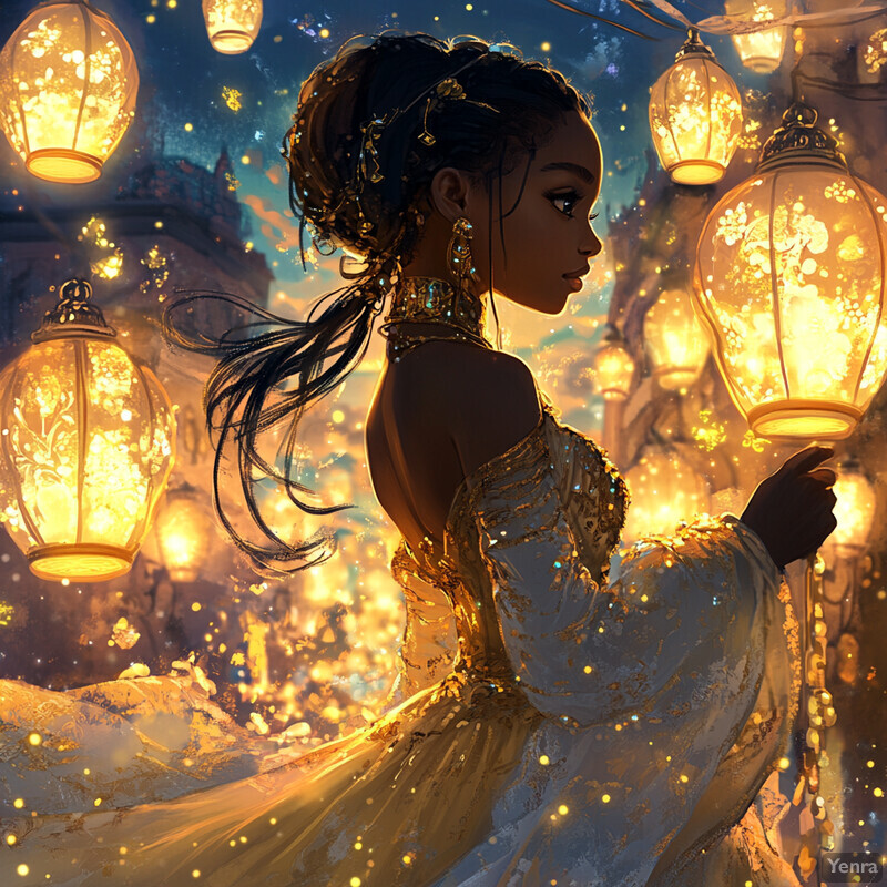 A woman in a white dress holds a lantern amidst an array of other lanterns, set against a blurred cityscape or urban environment.