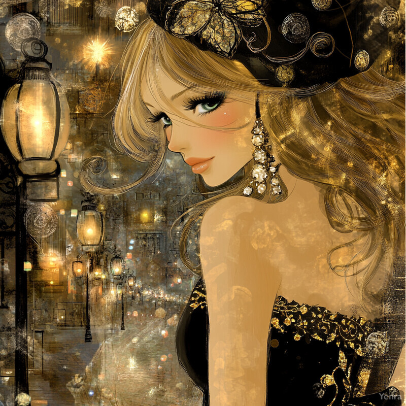 Anime-style woman in black dress with gold floral patterns, set against a nighttime cityscape