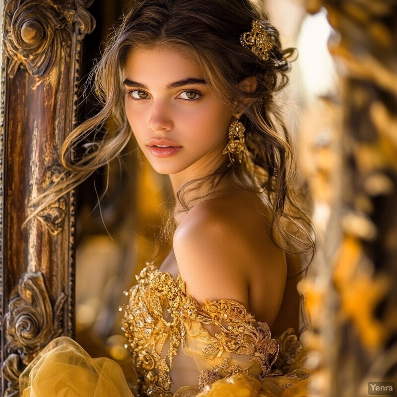 A young woman with fair skin and long, wavy brown hair stands in front of an ornate wooden door or frame, wearing a stunning golden gown with intricate gold embroidery and a delicate gold belt. Her makeup is flawless, and she exudes confidence and poise as she gazes directly at the camera.