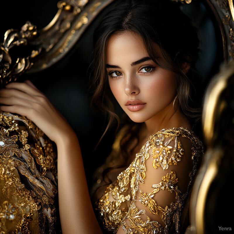 A woman in gold dress poses in front of an ornate mirror frame