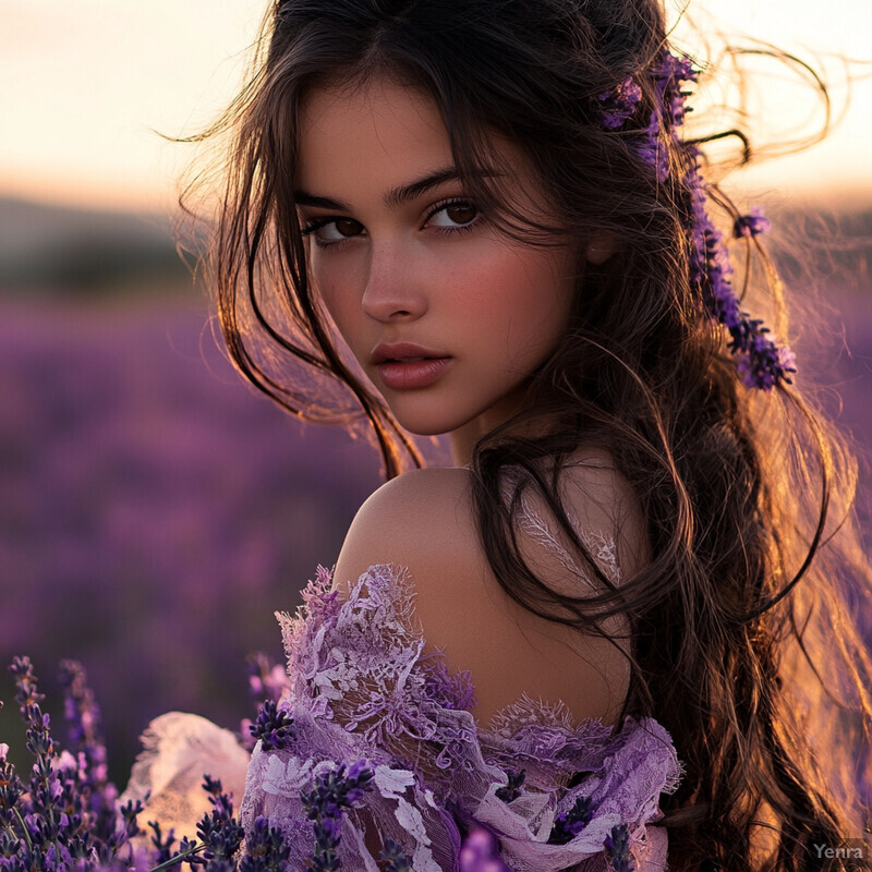 A young woman in a lavender dress poses for a photo shoot amidst a blurred landscape with rolling hills and trees