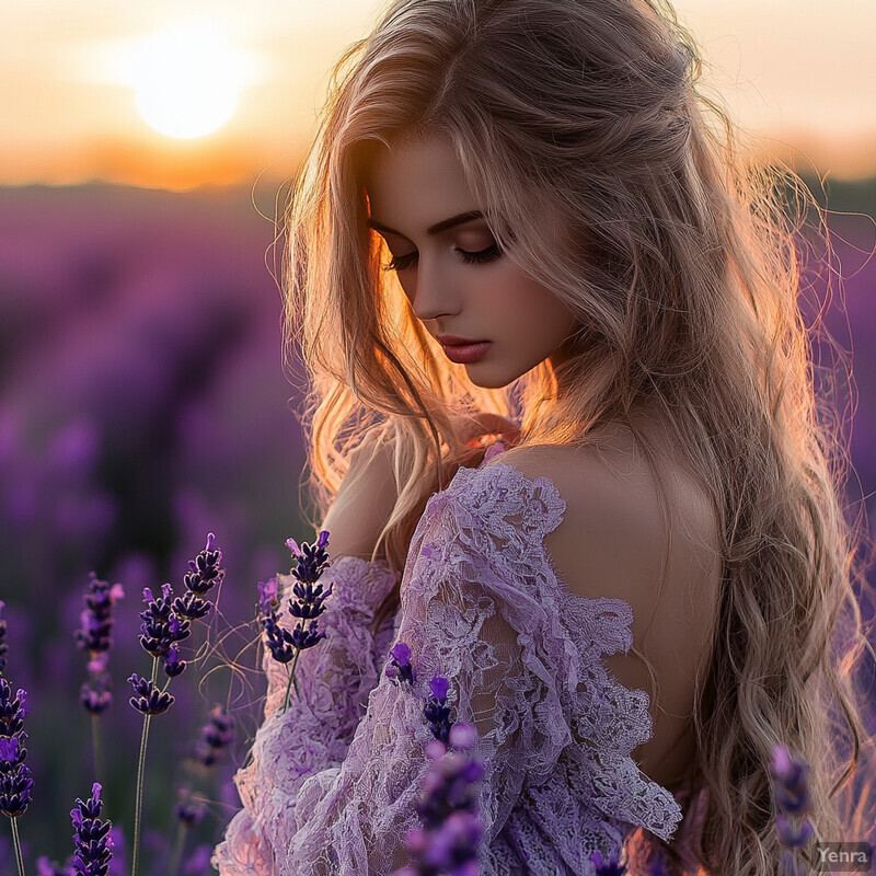 A young woman stands amidst a field of lavender, bathed in warm sunlight.