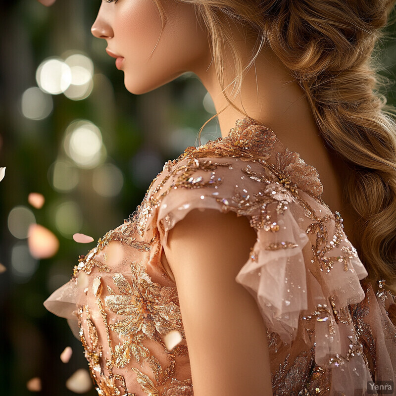 A woman with long blonde hair wears a stunning rose-gold dress adorned with intricate gold floral embroidery, posing in an outdoor setting.