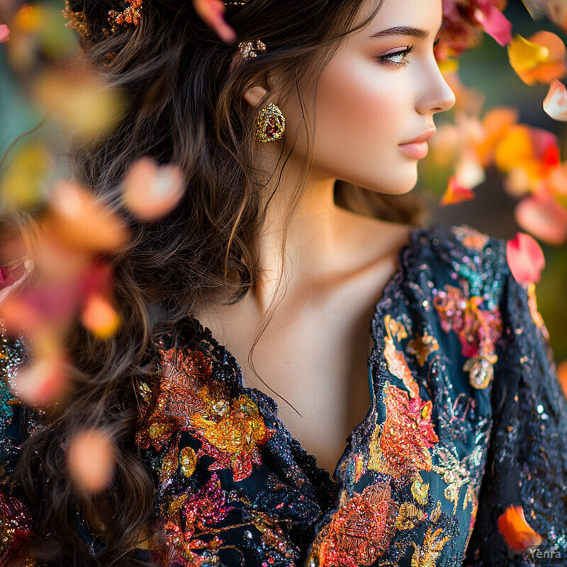 A young woman with long brown hair and fair skin, wearing a black dress with floral embroidery, stands in a blurred outdoor setting.