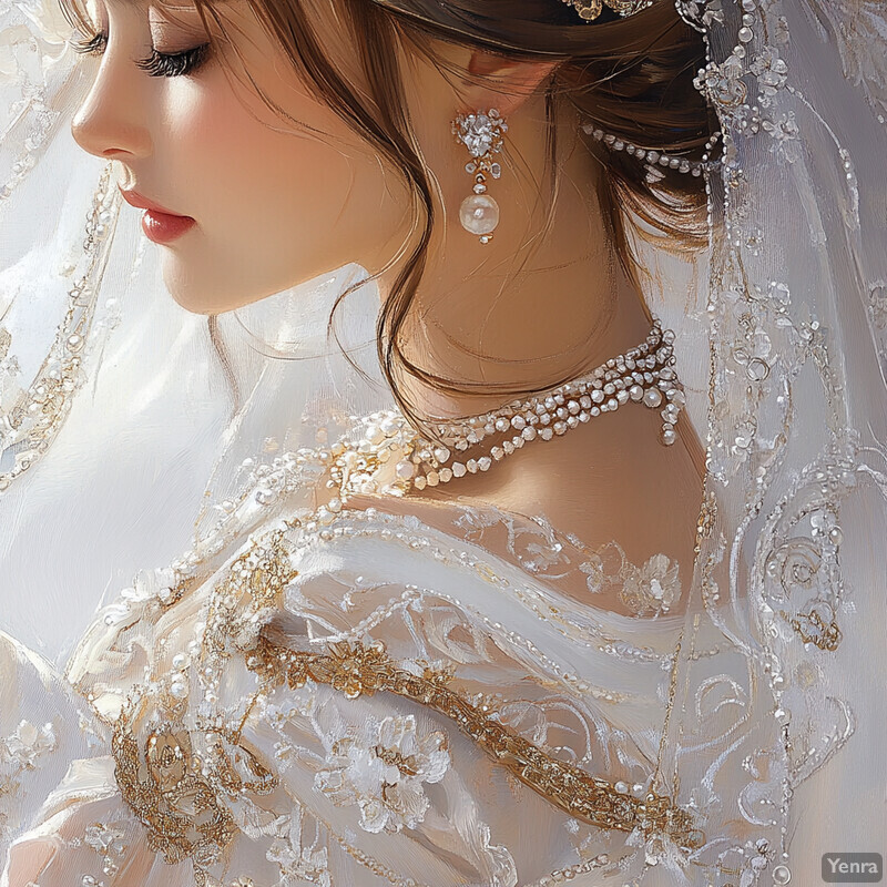 A serene and elegant depiction of a woman on her wedding day, exuding poise and beauty.