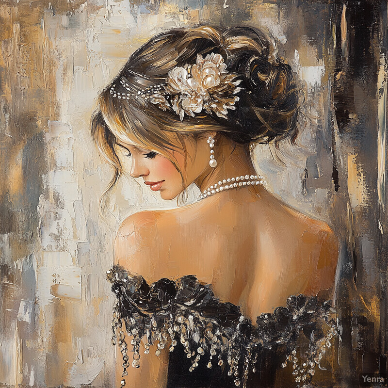 Elegant woman with updo adorned with pearls and flowers, wearing a strapless dress with lace details and double-strand pearl necklace.