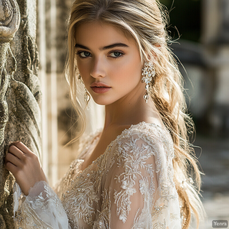 A woman in a white dress stands beside a stone wall with ornate carvings.