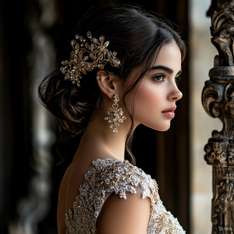 A close-up side profile of a young woman with dark hair styled in an elegant updo, adorned with gold and silver jewels or gems.