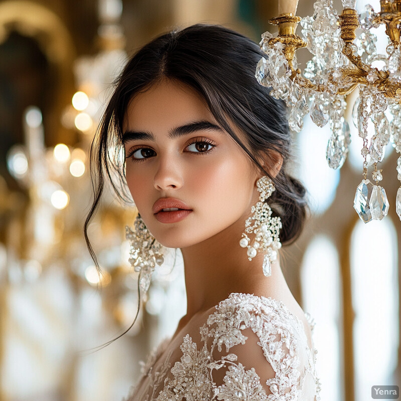 A woman in a white dress with lace details stands confidently in front of a blurred background.