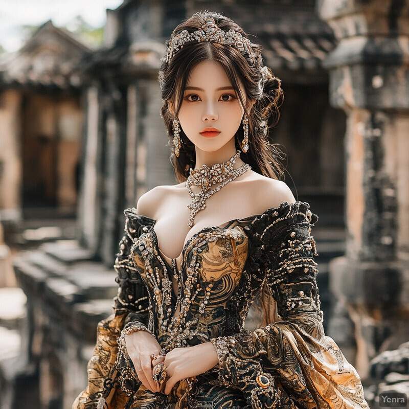 A woman in an ornate dress and jewelry stands in front of a stone building.