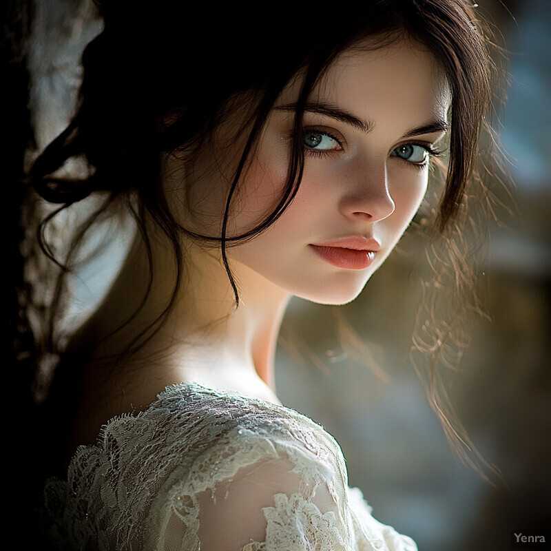 A woman with fair skin and dark brown hair wearing a white lace dress