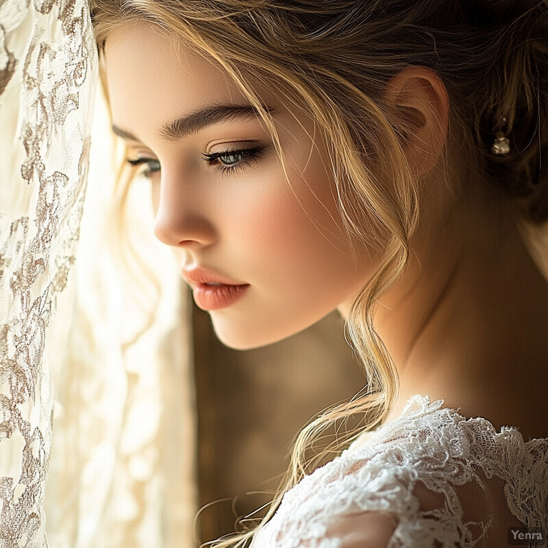 A young woman in a white lace dress with an elegant updo and pearl earring