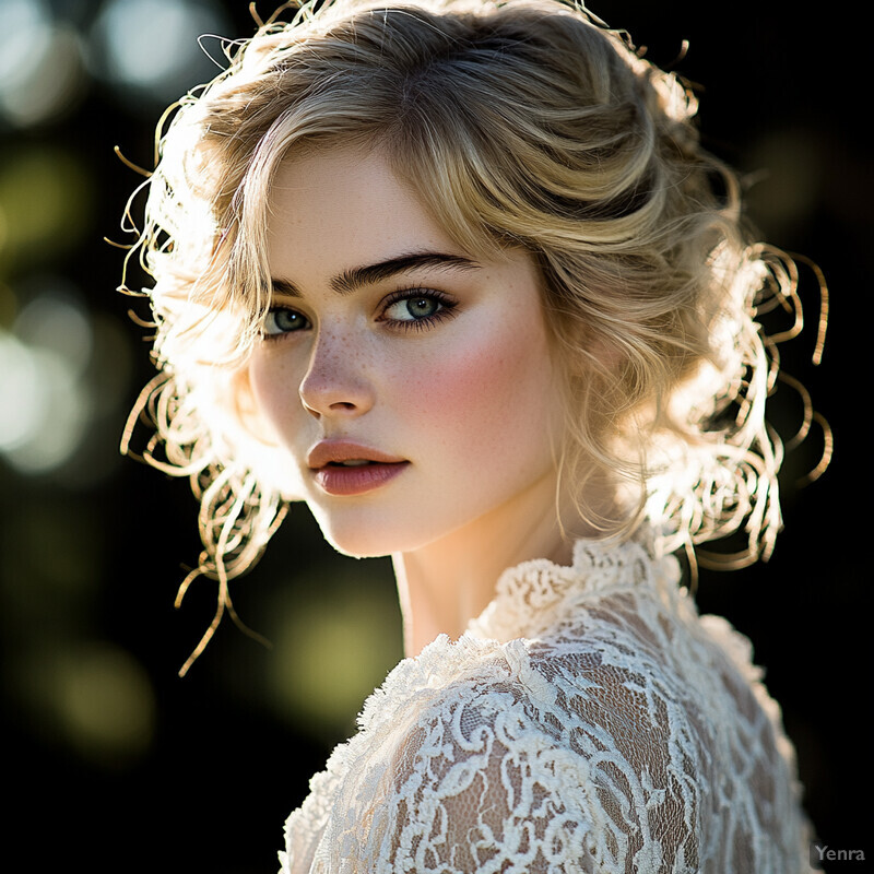 A woman with blonde hair and blue eyes wearing a white lace dress