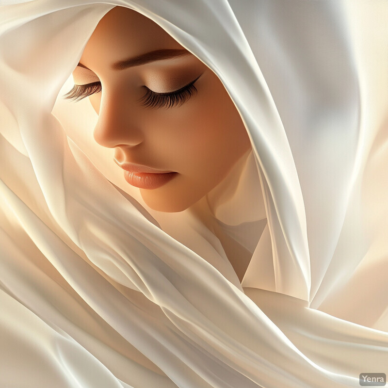 A serene and introspective image of a woman's face partially obscured by white fabric, conveying a sense of calmness and peacefulness.