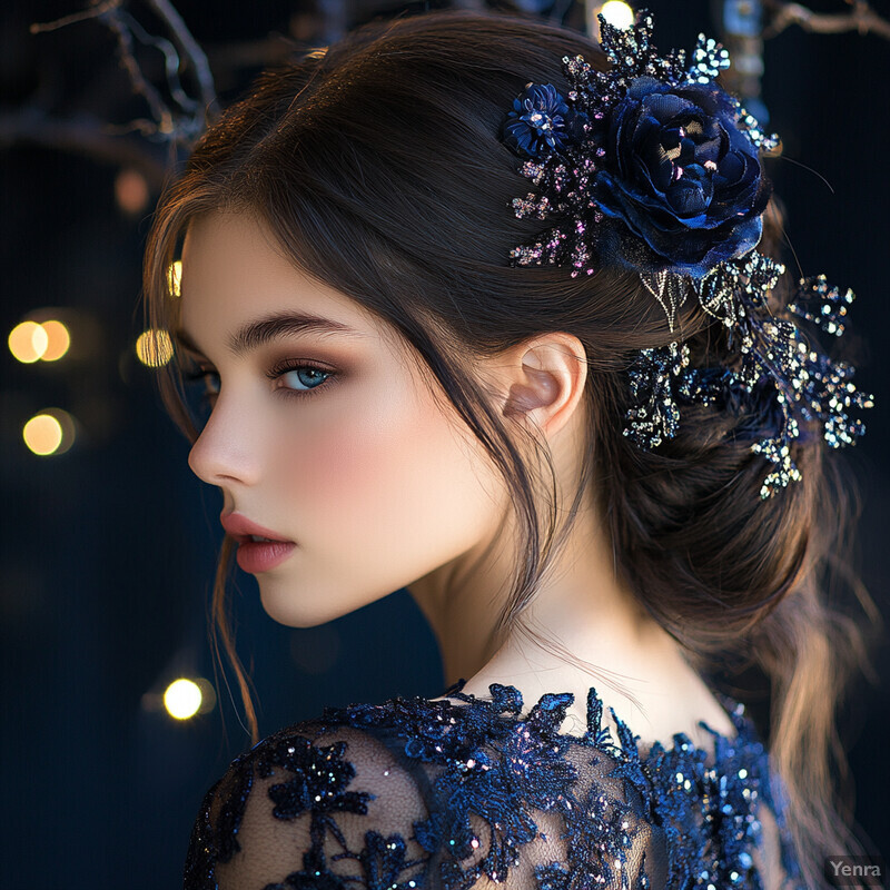 A young woman with long brown hair styled in an updo, wearing a royal blue lace dress with intricate floral patterns.