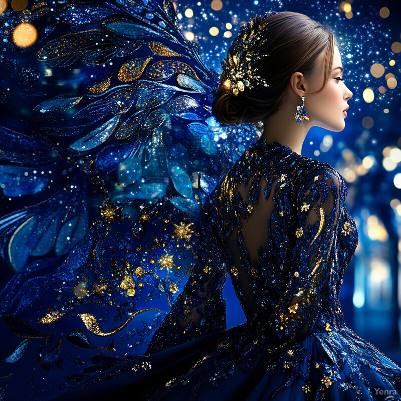 A woman in an elaborate blue gown with gold embellishments poses against a dark background