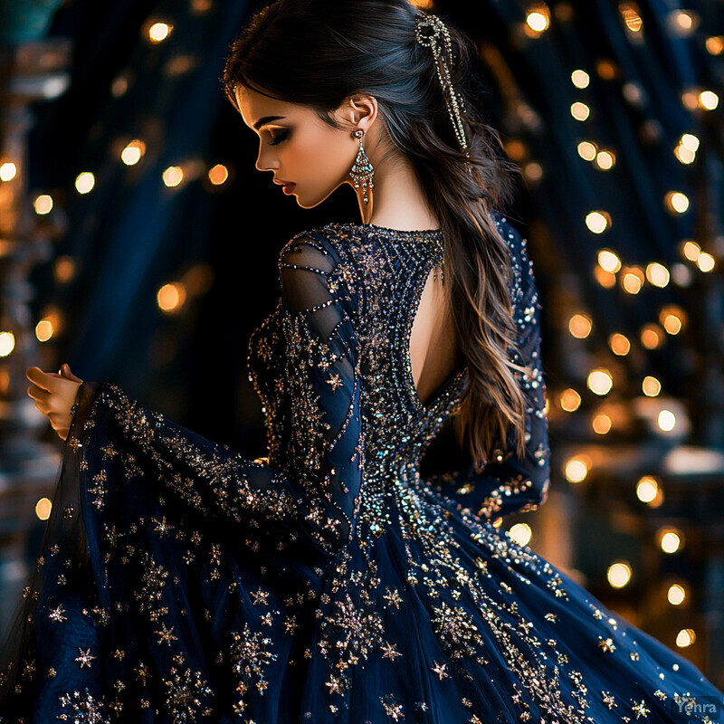 A woman in an ornate blue dress with gold embroidery and sequins stands confidently in front of a blurred background.