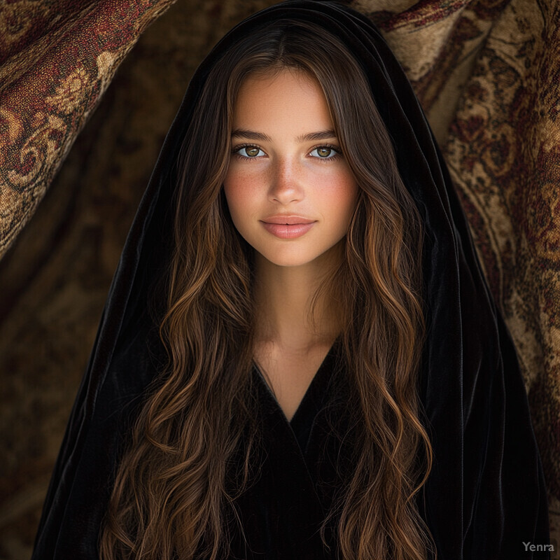 A young girl with long brown hair and green eyes wears a black velvet hooded cloak, set against a blurred background of a room with beige walls and a patterned rug.