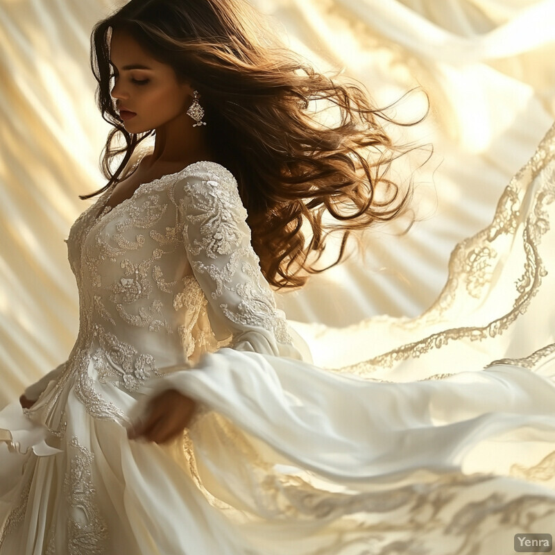 A woman in a white lace wedding dress with long brown hair and elegant earrings.