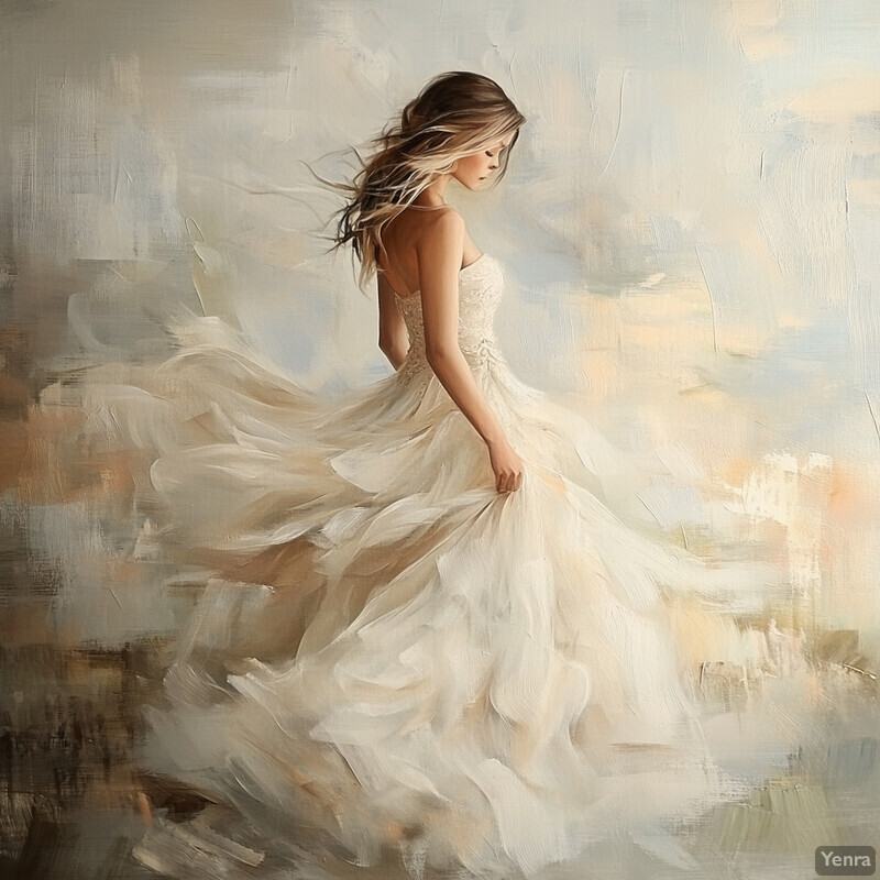 Woman in white dress standing against a blurred background