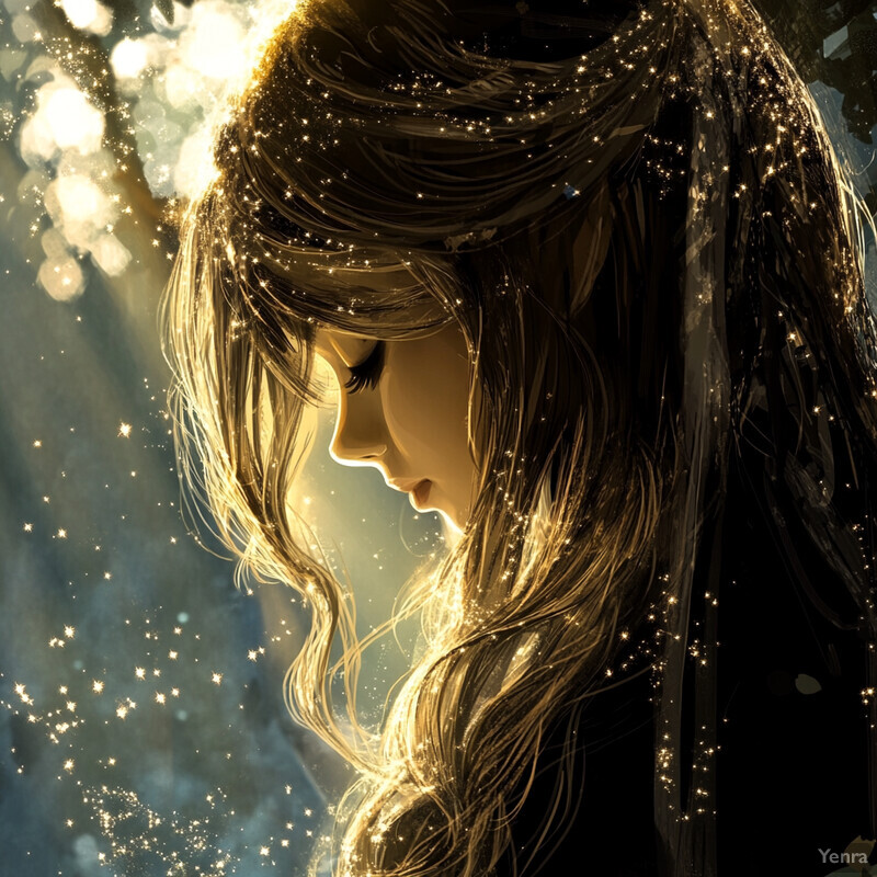 A serene and enchanting image featuring a woman with long wavy hair and closed eyes, surrounded by an ethereal aura of sparkles that evoke a sense of wonder and magic.