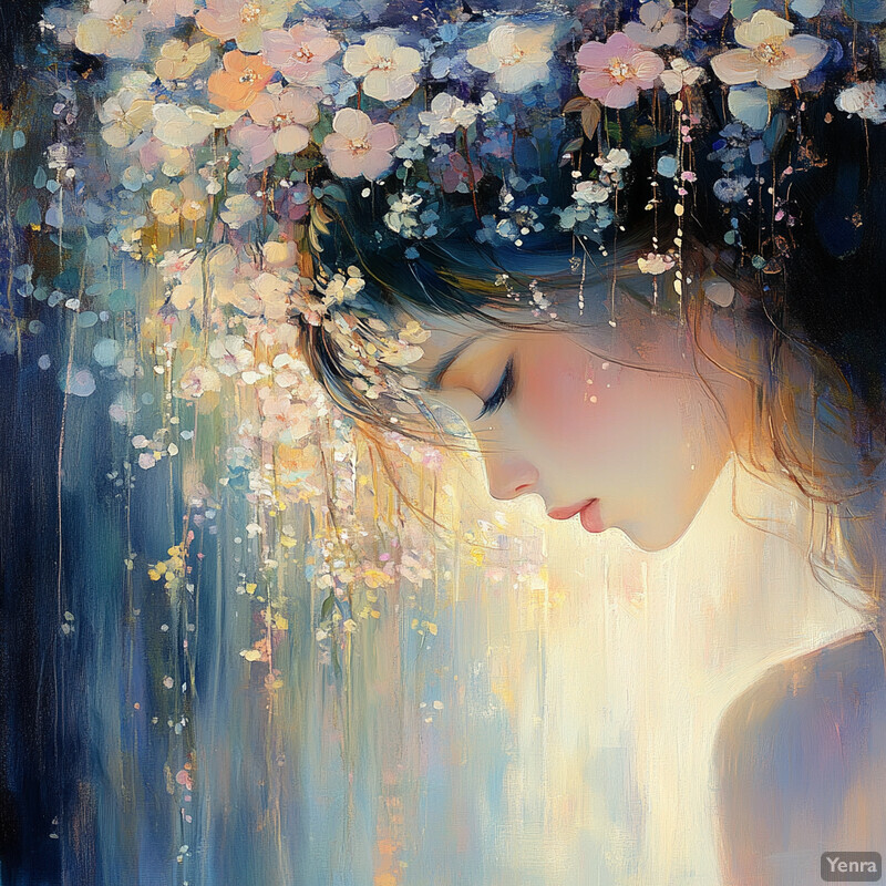 An ethereal painting of a woman with flowers and foliage