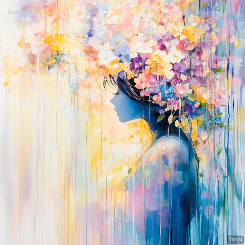 A woman with flowers growing out of her head, creating an ethereal atmosphere