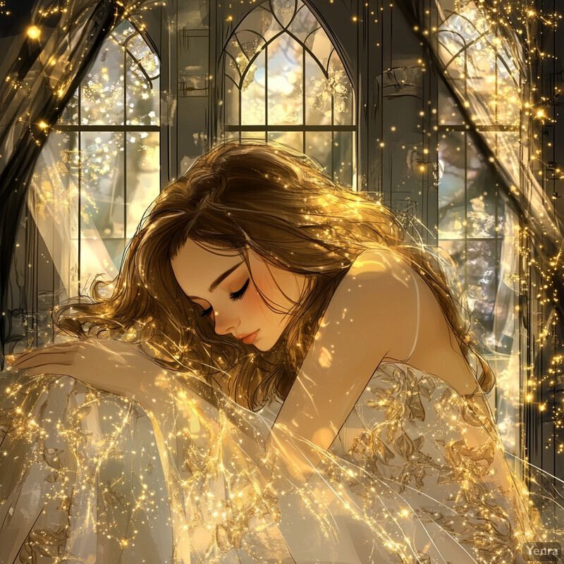 A woman sits by a window, surrounded by soft golden light, with an ethereal quality to her appearance.