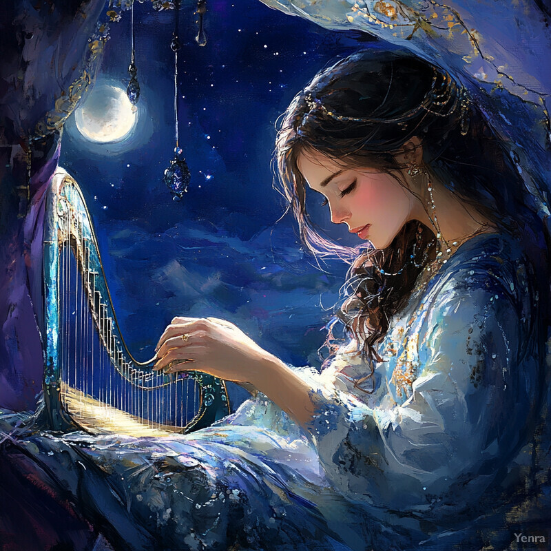 A woman plays a harp in front of a full moon, surrounded by nature.