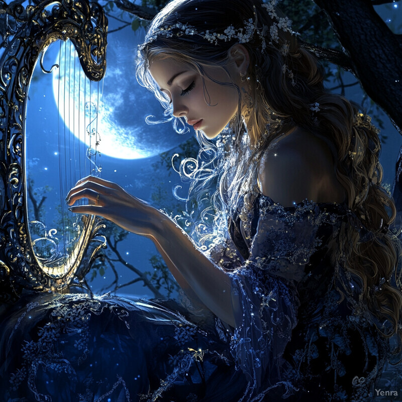 Ethereal woman playing harp under moonlight