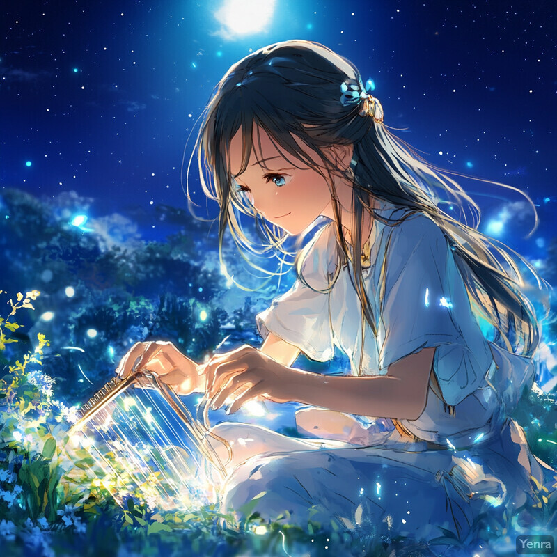 A young girl plays a flute in a field of flowers at night