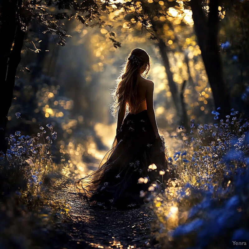 A woman stands in a forest clearing surrounded by trees and foliage, wearing a flowing dress with a floral pattern.