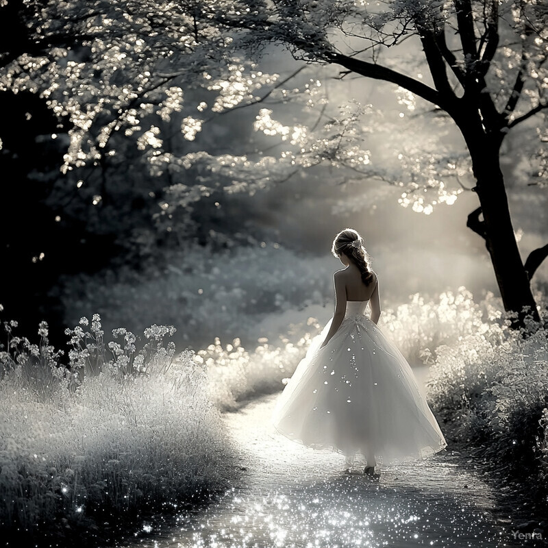 A woman in a wedding dress walks down a path surrounded by trees, exuding an atmosphere of peace and serenity.