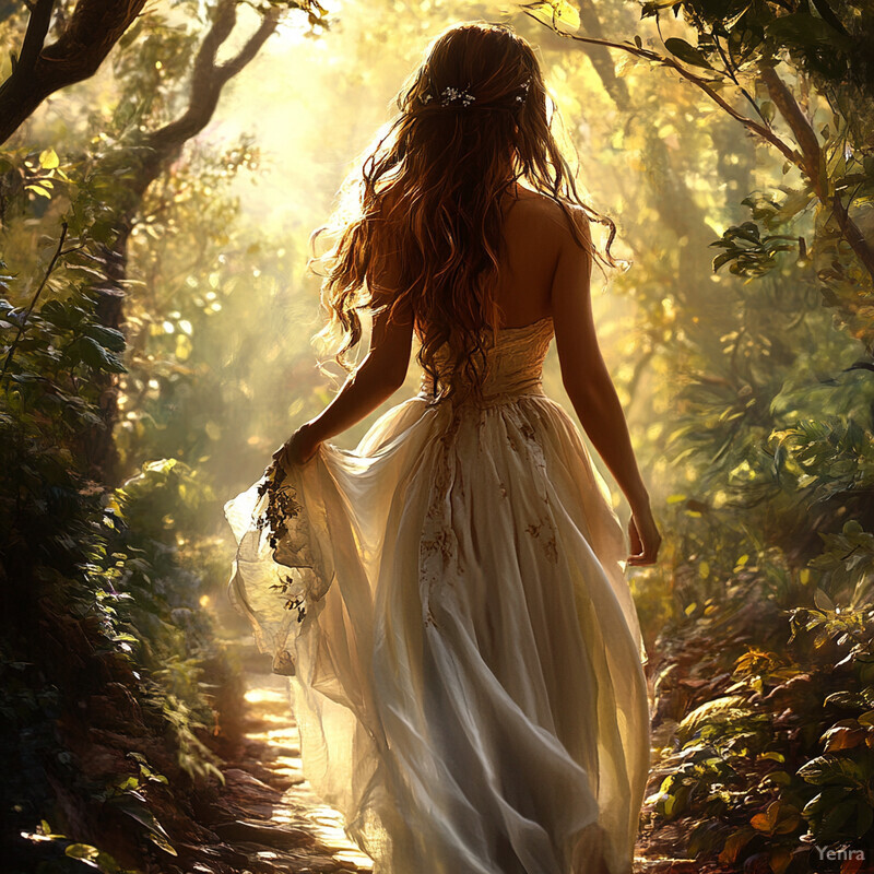 A woman in a white wedding dress walks along a forest path, surrounded by lush greenery and bathed in soft sunlight.