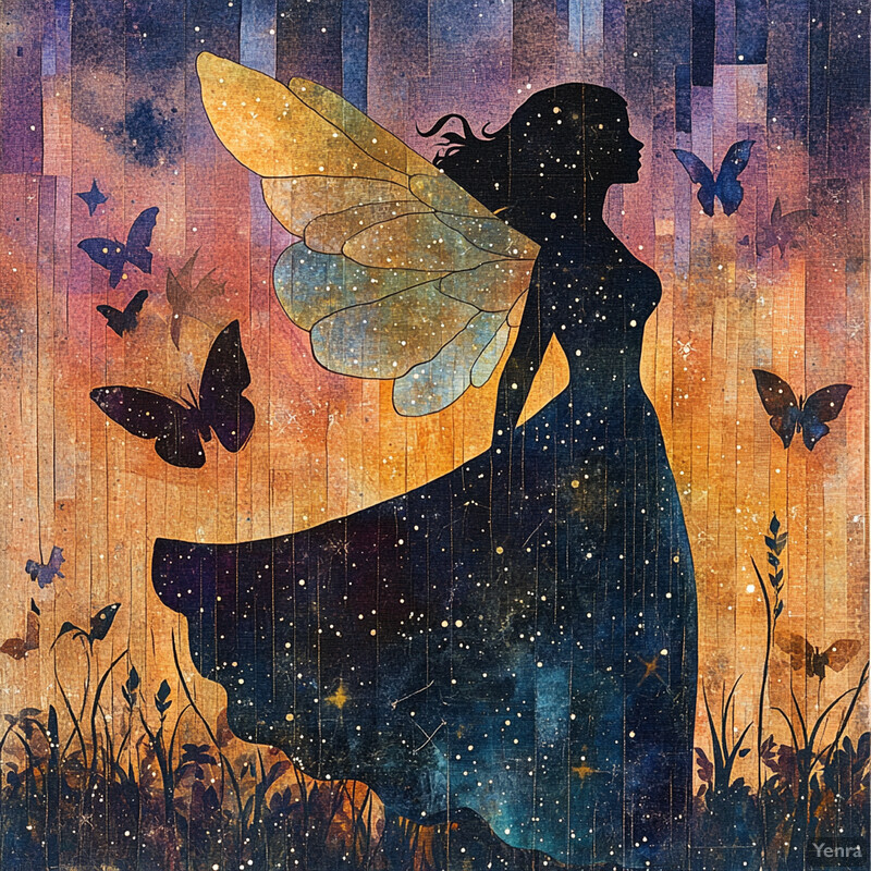 A woman in flight, surrounded by butterflies and vibrant colors, evokes a sense of peace and wonder.