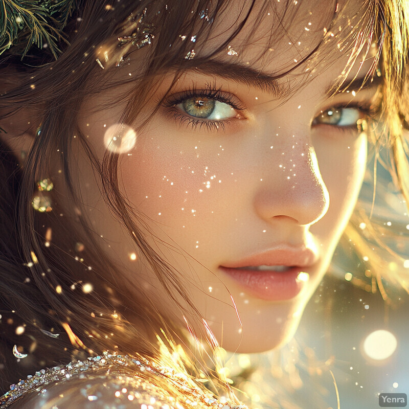 A captivating portrait of a woman with an ethereal gaze, featuring fair skin, striking blue eyes, loose waves framing her face, silver glitter, greenery adorning her ear, and soft lighting creating a serene and elegant atmosphere.