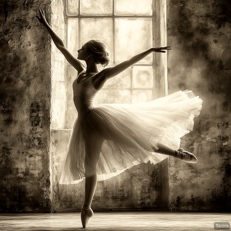 Ballerina in white tutu and pointe shoes, standing on one leg with arms raised