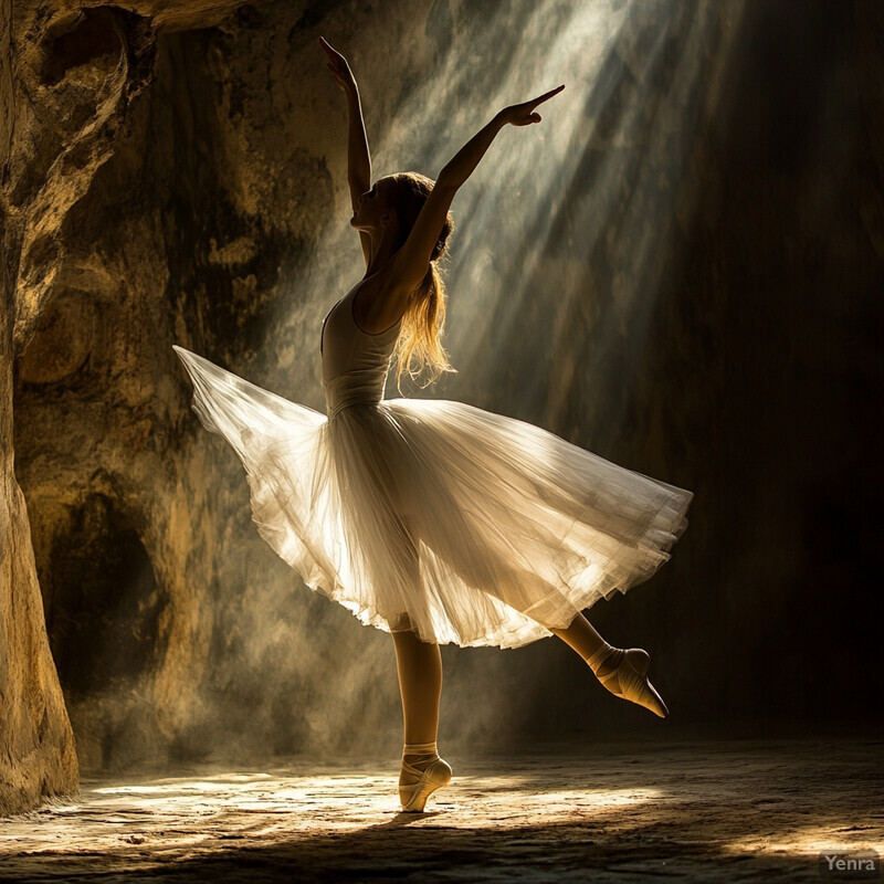 A ballerina poses dramatically in a dimly lit room