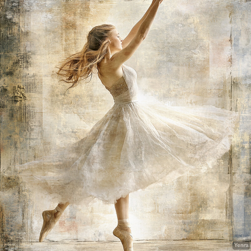 A young woman dancing in a white dress and pointe shoes